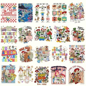 May include: A collection of colorful graphic designs featuring characters and themes from the animated movie Toy Story. Designs include phrases like "To Infinity and Beyond" and "Toy Story Est. 1995."