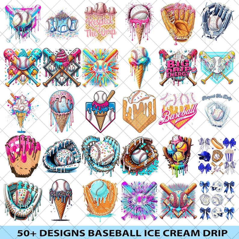 50+ Design Baseball Eis Tropfen PNG Bündel, Baseball Sport Team Digitale Datei Baseball Eis Sprinkle Sublimation Digitaler Download Bild 1