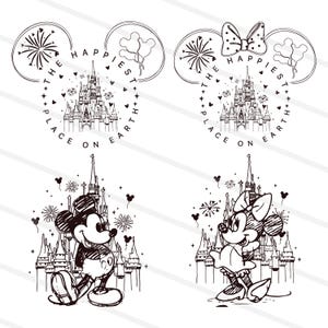 May include: Black and white line art featuring Mickey Mouse and Minnie Mouse in front of a castle. The phrase "The Happiest Place on Earth" is written around the iconic mouse ears. Fireworks and balloons are also included.
