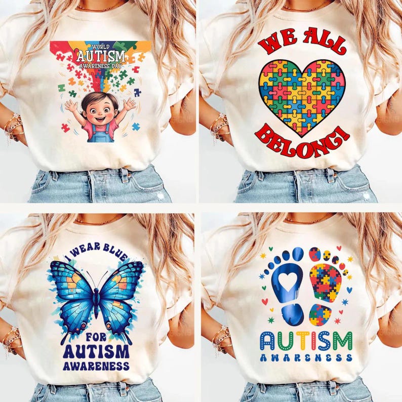 K&ouml;nnte beinhalten: Vier verschiedene T-Shirt-Designs mit dem Text "World Autism Awareness Day", "I Wear Blue For Autism Awareness", "We All Belong" und "Autism Awareness" mit Puzzle-St&uuml;ck-Designs.