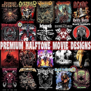 Op de afbeelding: Een collage van 18 verschillende bandlogo's, waaronder Avenged Sevenfold, Aborted, AC/DC, Behemoth, Biohazard, Black Sabbath, Slayer, Helloween, Immortal, Iron Maiden en Iron Maiden. De logo's zijn allemaal in een zwart-witte halftonstijl.