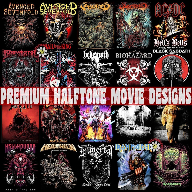 Op de afbeelding: Een collage van 18 verschillende bandlogo's, waaronder Avenged Sevenfold, Aborted, AC/DC, Behemoth, Biohazard, Black Sabbath, Slayer, Helloween, Immortal, Iron Maiden en Iron Maiden. De logo's zijn allemaal in een zwart-witte halftonstijl.