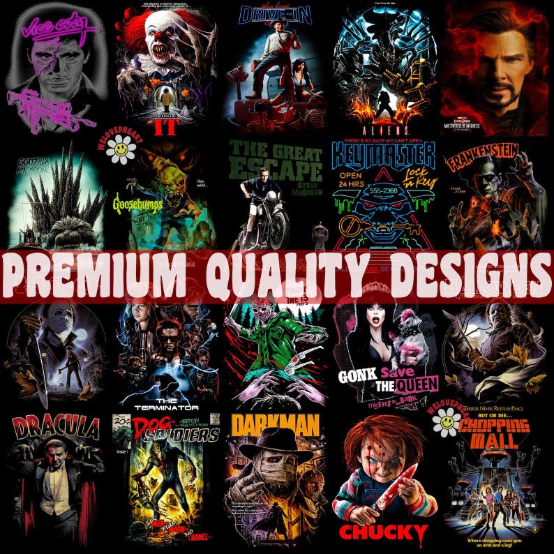 Op de afbeelding: Een collage van 16 horrorfilmposters met iconische personages en sc&egrave;nes. De posters zijn in een rasterpatroon gerangschikt en bevatten titels als "It", "The Great Escape", "Aliens", "Frankenstein", "The Terminator", "Dog Soldiers", "Darkman", "Chucky" en "Chopping Mall".