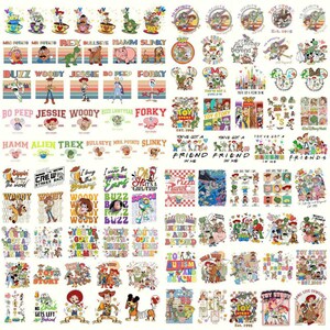 May include: A collection of colorful Toy Story themed designs. The designs include characters like Woody, Buzz Lightyear, and Jessie, along with phrases like "To Infinity and Beyond" and "Toy Story". The images are arranged in a grid pattern.