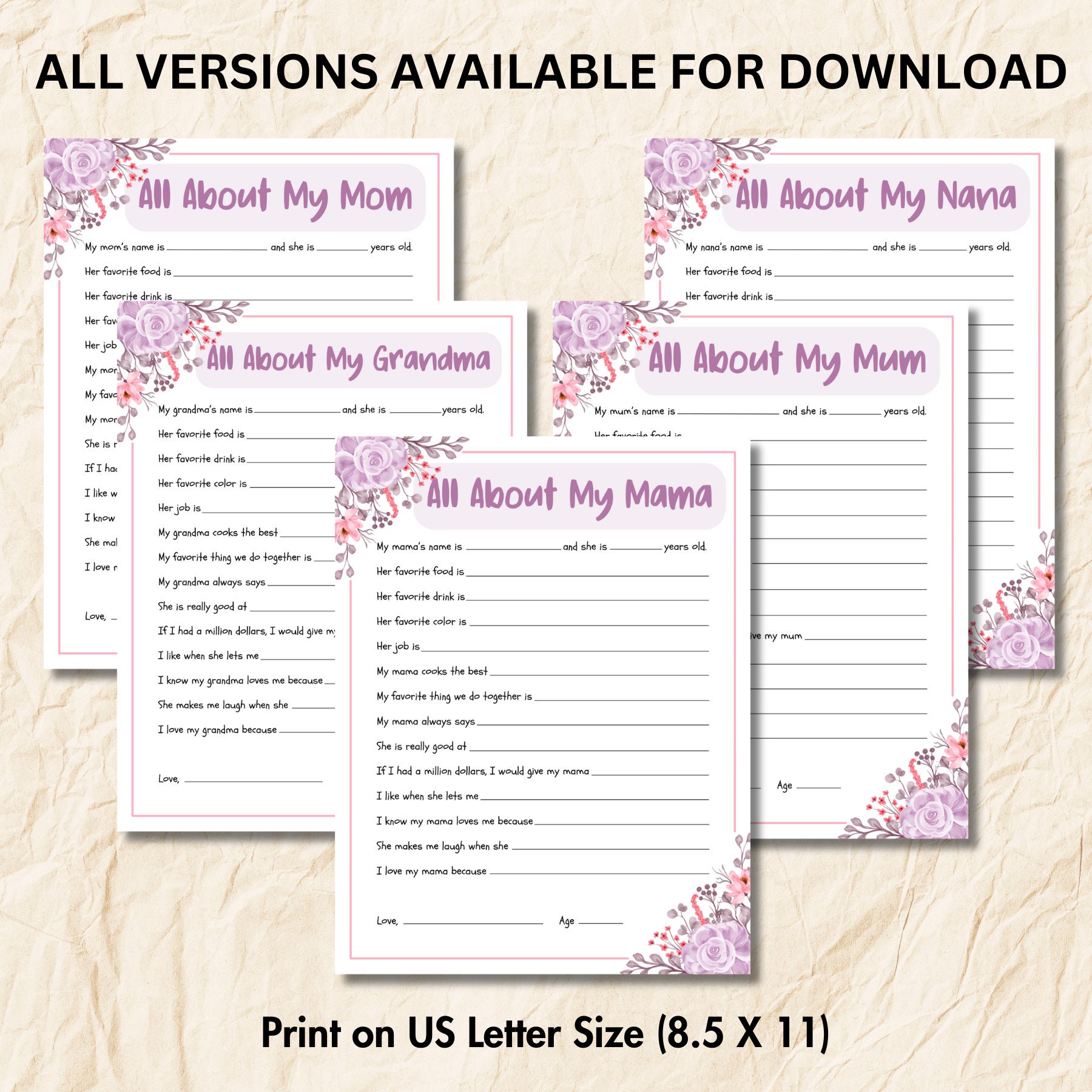 Mother's Day Questionnaire Printable. All About Mom. Mother's Day Gift ...