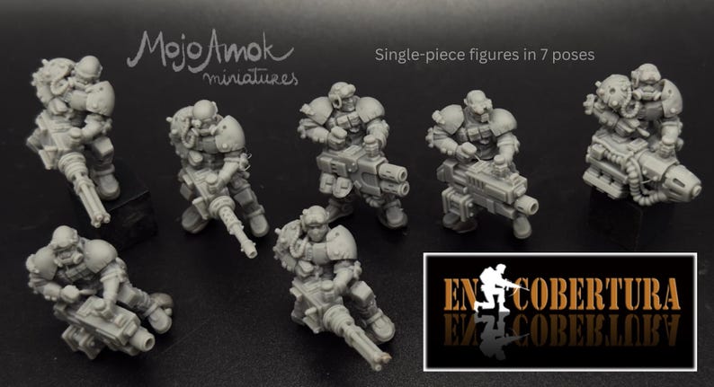 May include: A collection of seven gray miniature figures in various poses, each holding a large weapon. The figures are single-piece and appear to be part of a science fiction or fantasy theme. The image includes text that reads "MojoAmok miniatures" and "Single-piece figures in 7 poses."