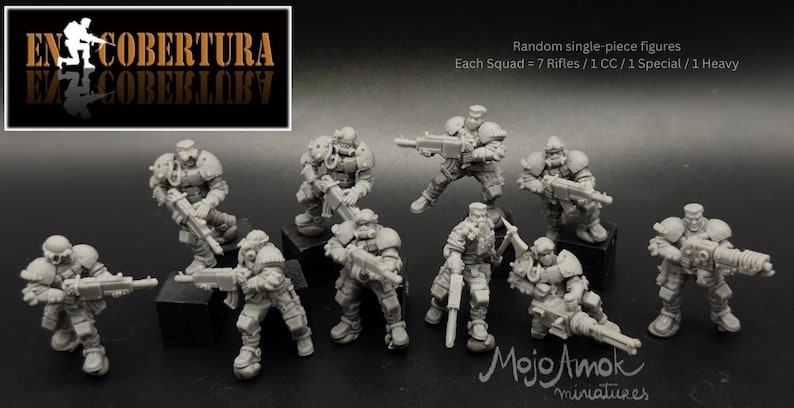 May include: A collection of gray miniature figures, each armed with rifles and heavy weapons. The figures are in various poses, suggesting action. The image includes text that reads "EN COBERTURA" and "Mojo Amok miniatures."