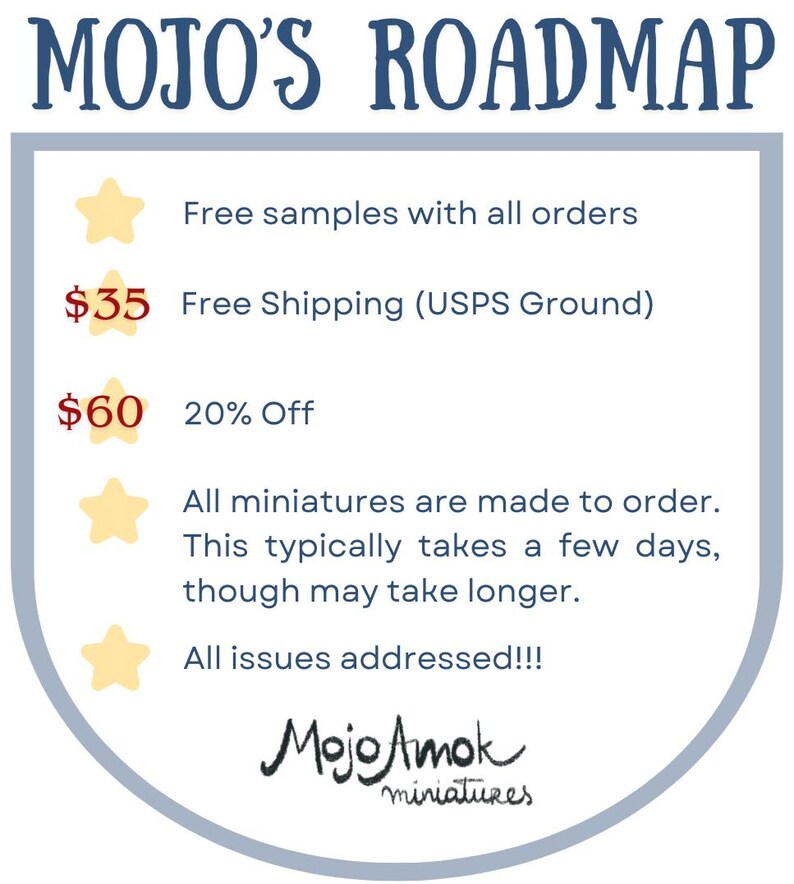 May include: A graphic with the text "MOJO'S ROADMAP" in blue. The roadmap includes information about free samples, a 20% discount, and that miniatures are made to order. The logo for Mojo Amok miniatures is at the bottom.