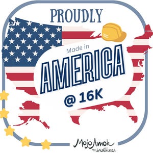 May include: A graphic with the text "PROUDLY Made in AMERICA @ 16K" inside a white speech bubble, set against a map of the USA and the American flag. A yellow hard hat is above the text.