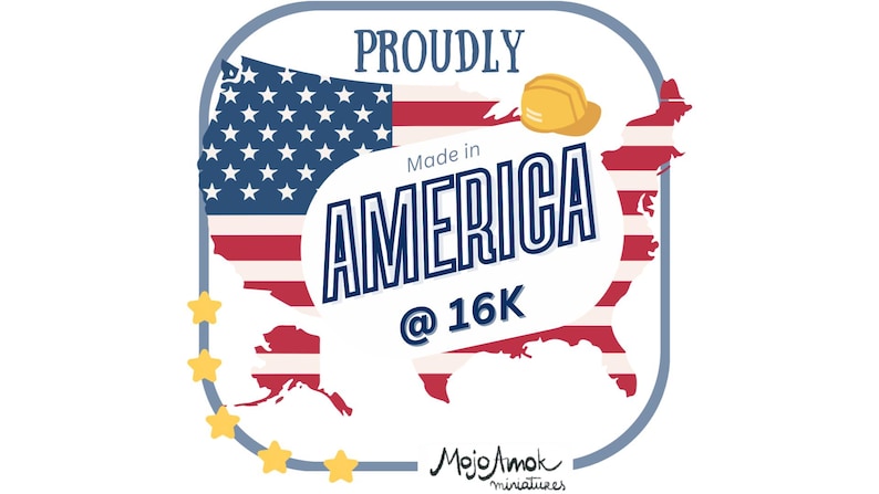 May include: A graphic with the text "PROUDLY Made in AMERICA @ 16K" inside a white speech bubble, set against a map of the USA and the American flag. A yellow hard hat is above the text.