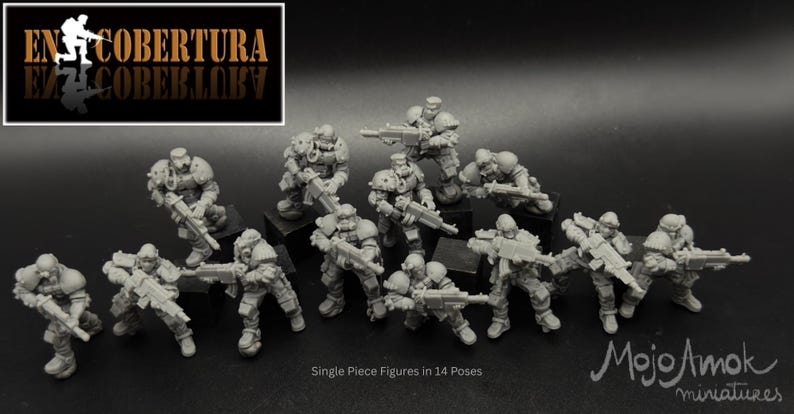 May include: A collection of gray miniature soldier figures in various action poses, each holding a rifle. The figures are on small black bases. The image includes text that reads "EN COBERTURA" and "Single Piece Figures in 14 Poses."