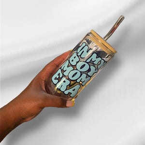 In My Boy Mom Era Glass Tumbler | Glass Cup with Lid and Straw | Gifts for Mom | Gifts for her | Boy Mom | Baby Gifts for Mom