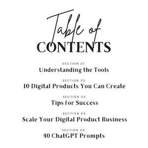 May include: Table of Contents for a digital product guide. Sections include Understanding the Tools, 10 Digital Products You Can Create, Tips for Success, Scale Your Digital Product Business, and 40 ChatGPT Prompts.