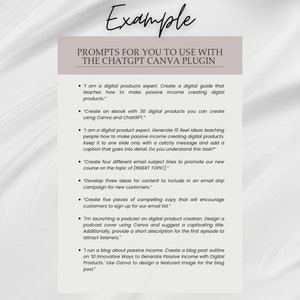 May include: A white background with black text outlining prompts for using the ChatGPT Canva plugin to create digital products. The text includes examples of prompts for creating an ebook, a digital guide, a podcast, and a blog post.