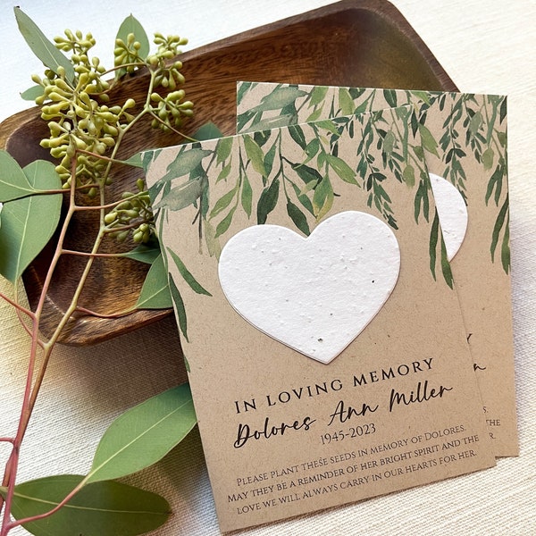 Memorial Card, Funeral Favor, In Loving Memory, Celebration of Life, Memorial Cards, Plantable Seed Paper Hearts, Prayer Card 3997