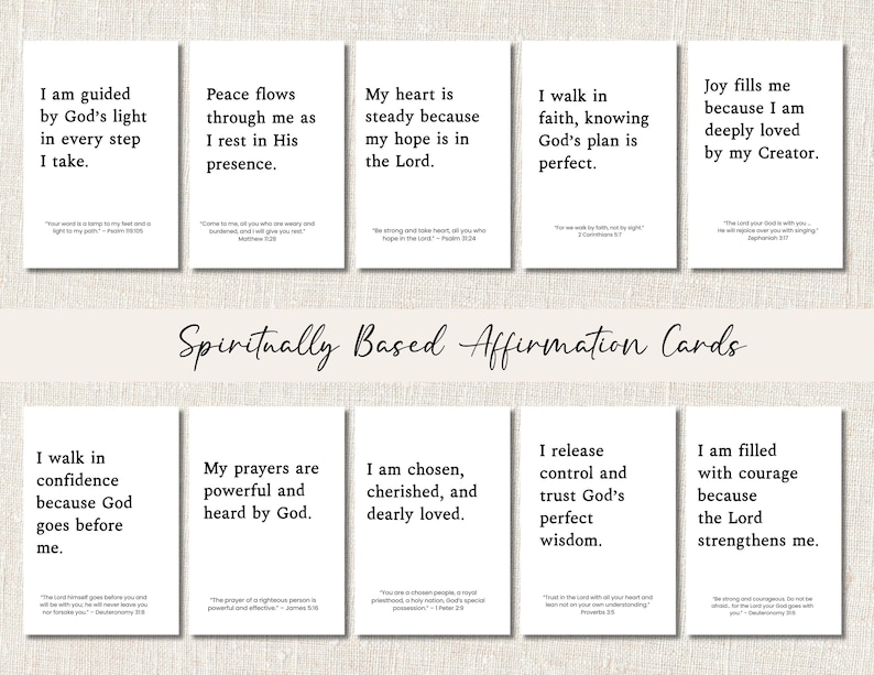 May include: A collection of white affirmation cards with black text. Each card features a different inspirational quote. The cards are labeled "Spiritually Based Affirmation Cards". The quotes include phrases about faith, hope, and strength.