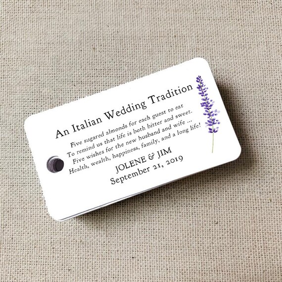 Sugared Almonds Personalized Tags Lavender Sprig, Almond Favor Tags, Wedding Favor, Wedding Bomboniere, Jordan Almonds - Set of 20 (3932)