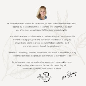 May include: Image features a headshot of a woman, Tiffany, above text about the Max & Bella shop, founded in 2007. The text describes the shop's focus on paper goods for life's memorable moments, including weddings and birthdays. The shop's logo is at the bottom.