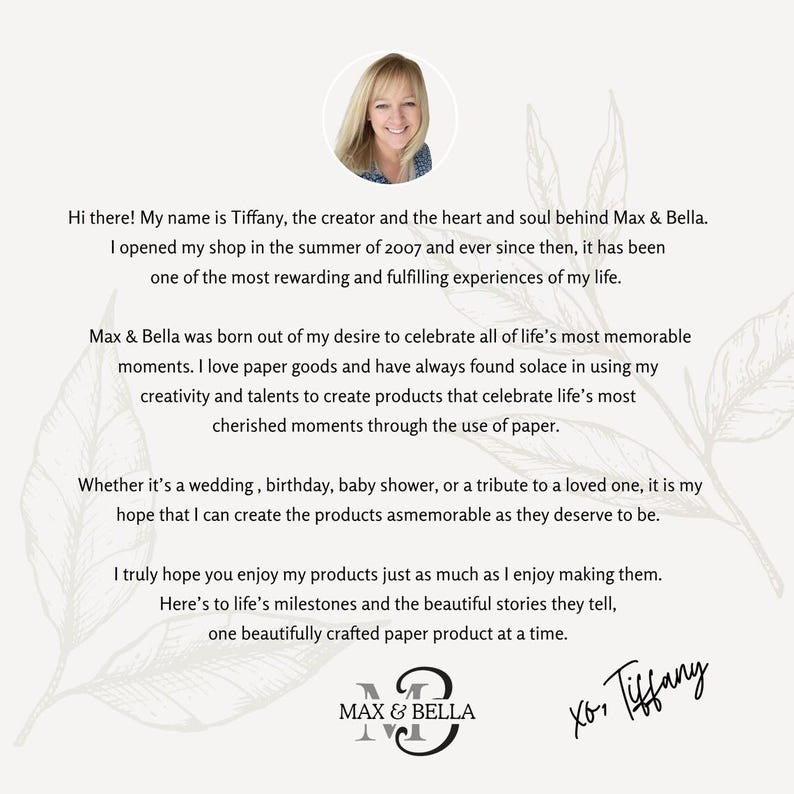May include: Image features a headshot of a woman, Tiffany, above text about the Max & Bella shop, founded in 2007. The text describes the shop's focus on paper goods for life's memorable moments, including weddings and birthdays. The shop's logo is at the bottom.