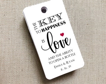 The Key To Happiness Tags, Key to Happiness, Custom Favor Tags, Key To Love, Bottle Opener Tags, Gift Tag, Wedding Favor Gift Tag Set of 20