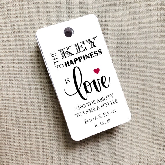 The Key To Happiness Tags, Key to Happiness, Custom Favor Tags, Key To Love, Bottle Opener Tags, Gift Tag, Wedding Favor Gift Tag Set of 20