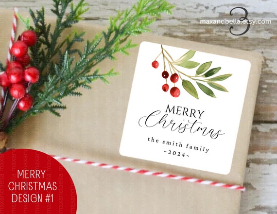 Personalized Merry Christmas from Family Christmas Gift Sticker, Minimalistic Merry Christmas Present Gift Bag Tags Labels Custom Name 5422