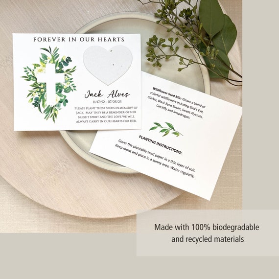 Memorial Card, Funeral Favor, In Loving Memory, Celebration of Life, Memorial Cards, Plantable Seed Paper Hearts, Prayer Card 3578