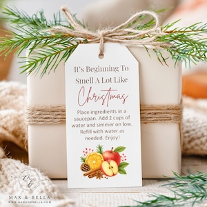 May include: A wrapped gift with a tag that reads "It's Beginning To Smell A Lot Like Christmas." The tag features a watercolor illustration of fruit and spices. The gift is tied with twine and decorated with evergreen sprigs.