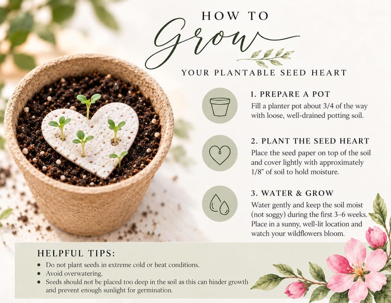May include: A beige planter pot filled with dark soil and a white heart-shaped seed paper with small green sprouts. The text reads: HOW TO GROW YOUR PLANTABLE SEED HEART, 1. PREPARE A POT, 2. PLANT THE SEED HEART, 3. WATER & GROW, HELPFUL TIPS.