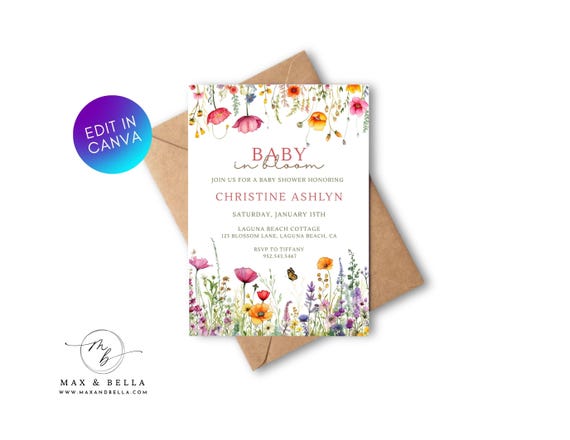 Editable Baby Shower Invitation, Baby in Bloom Party, Minimalist, Modern, Printable or Text Invite