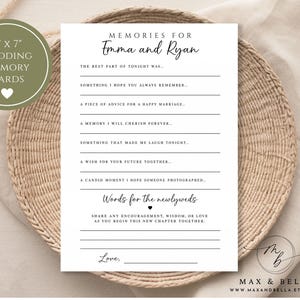 May include: A 5 inch by 7 inch white wedding memory card with black text featuring the heading Memories for Emma and Ryan, followed by prompts for guests to write advice, memories, and wishes, ending with a section for words for the newlyweds.
