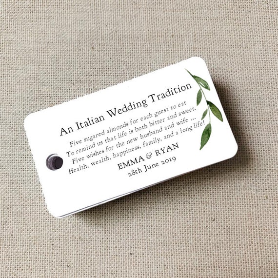 10 White Gift Tags Wedding Favour Personalised Bomboniere Five Sugar Almonds