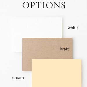 May include: Three rectangular cardstock samples arranged in a stack. The top card is white, the middle card is brown kraft paper, and the bottom card is cream. The text CARDSTOCK OPTIONS is centered at the top, with labels white, kraft, and cream.