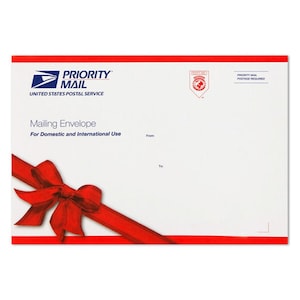 May include: White Priority Mail envelope with red accents and a red ribbon design. The envelope features the USPS logo and text that reads "Mailing Envelope For Domestic and International Use."