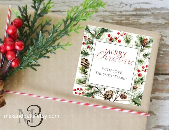 Personalized Merry Christmas  from Family Christmas Gift Sticker, Minimalistic Merry Christmas Present Gift Bag Tags Labels Custom Name 5543