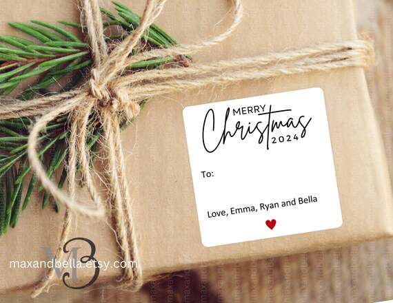 Personalized Merry Christmas  from Family Christmas Gift Sticker, Minimalistic Merry Christmas Present Gift Bag Tags Labels Custom Name 5543