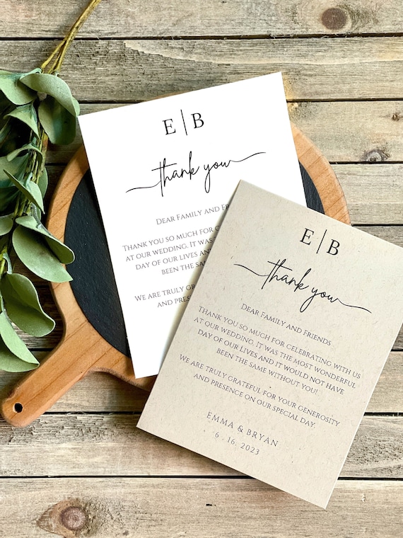 PRINTED Wedding Table Thank You Card, Thank You Napkin Note, Place Setting Thank You, Minimalist, Monogram - 9273