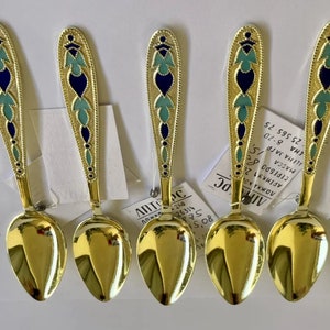 Vintage Sterling Silver Gilt Enamel Coffee Spoons - Set of 5 USSR