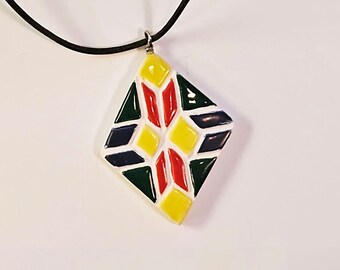Quilt block inspired ceramic pendant necklace on an adjustable leather cord