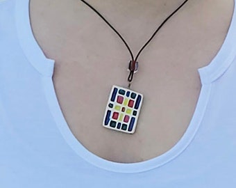 Quilt block inspired ceramic pendant necklace