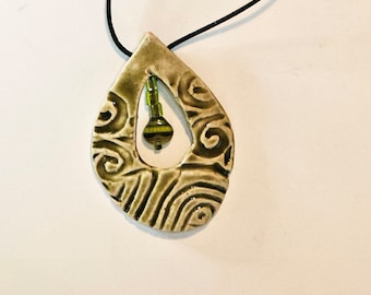Abstract design ceramic pendant necklace on leather cord with beads