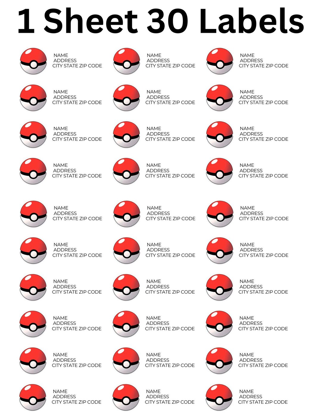Pokémon Poke Ball Return Address Label 1 Sheet 30 Labels, Custom - Etsy
