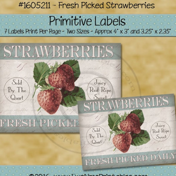 Farmhouse Style Kitchen Decor Primitive Labels -  Printable Rustic Label - Fresh Pick Strawberry  - Primitive Country - PDF - JPG File