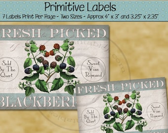 Farmhouse Style Kitchen Decor Primitive Labels -  Printable Rustic Label - Fresh Picked Blackberry - Primitive Country - PDF - JPG File