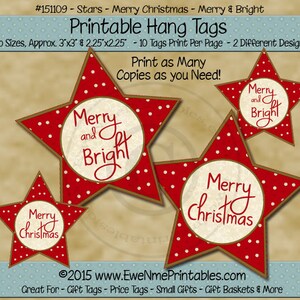 Sternförmige Weihnachtsanhänger - Stern - Frohe Weihnachten Merry & Bright - Rotes Tag im Vintage Look - Digitaldruck PDF und / oder JPG Datei