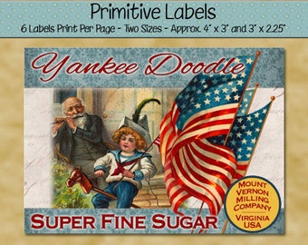 Primitive Patriotic Labels with Flag and Child Riding Stick Horse - Old Flags - Yankee Doodle Sugar - July 4th - Printable PDF or JPG File