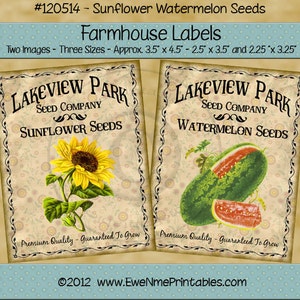 Sunflower Seed Watermelon Seed Printable Farmhouse Labels - Primitive Rustic Style Labels - Digital PDF or JPG File