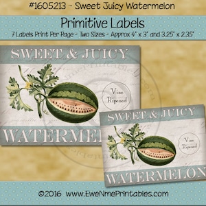 Farmhouse Style Kitchen Decor Primitive Labels -  Printable Rustic Label - Watermelon  - Primitive Country - Printable PDF - JPG File