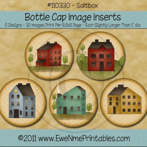 Primitive Saltbox Style House Bottle Cap Image Printables - 1 inch Round bottlecap Images - Digital PDF and/or JPG File