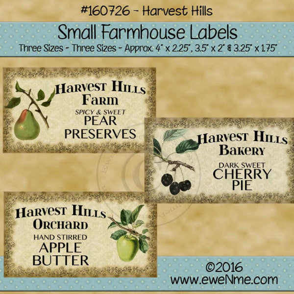 Pear Preserves, Cherry Pie and Apple Butter Primitive Rustic Style Farmhouse Label Printables - Harvest Hills Labels - PDF and/or JPG File